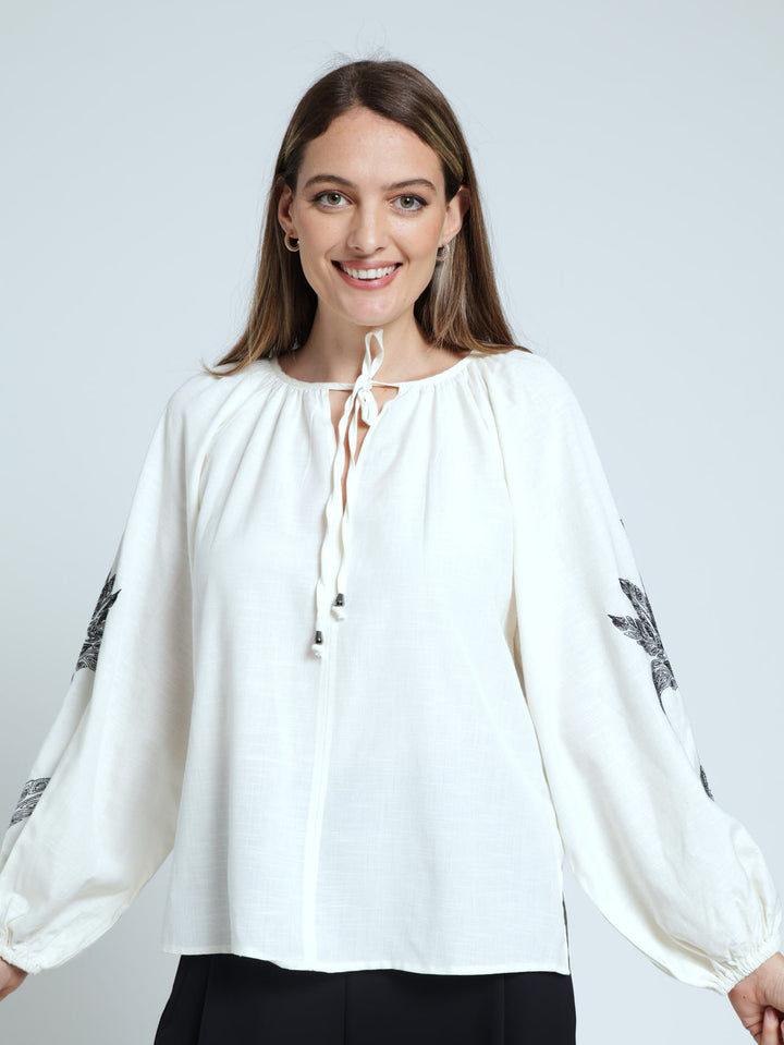 Long Sleeve Boho Blouse With Tie Cuff - Cream