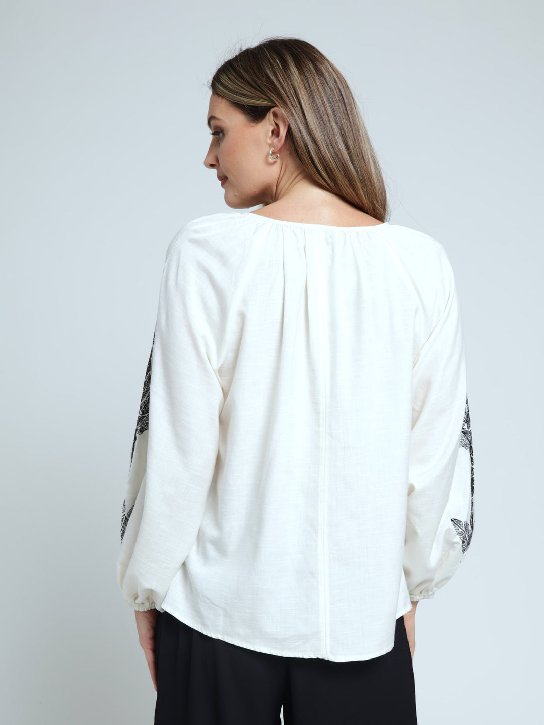 Long Sleeve Boho Blouse With Tie Cuff - Cream