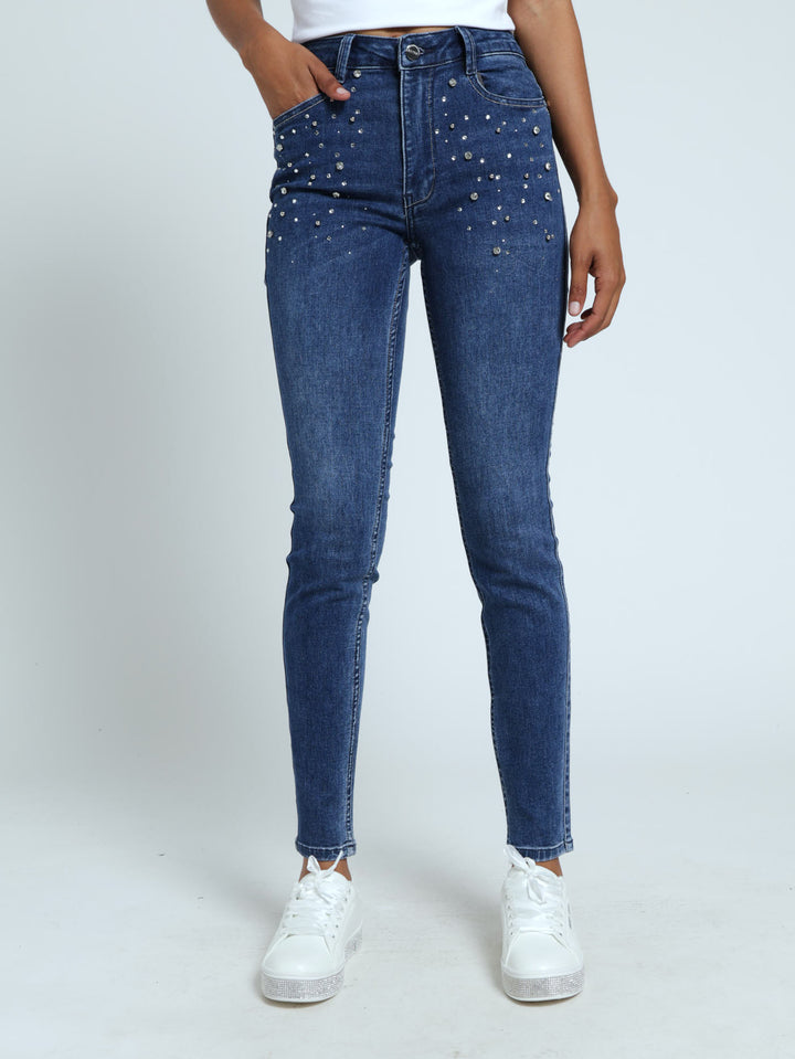 Mid Waist Skinny Jean With Bling - Medium Wash