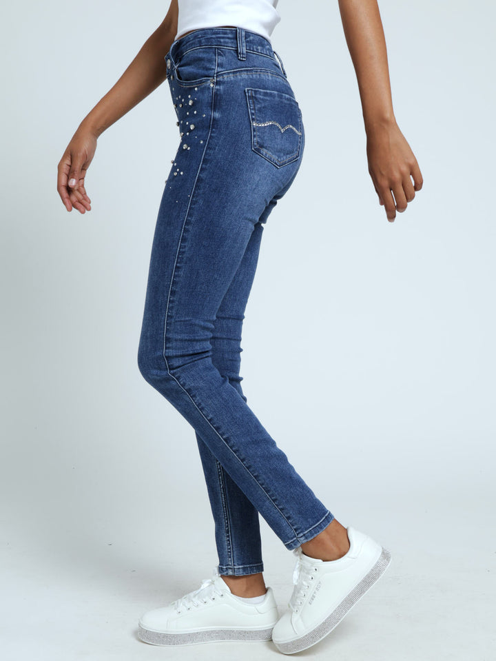 Mid Waist Skinny Jean With Bling - Medium Wash