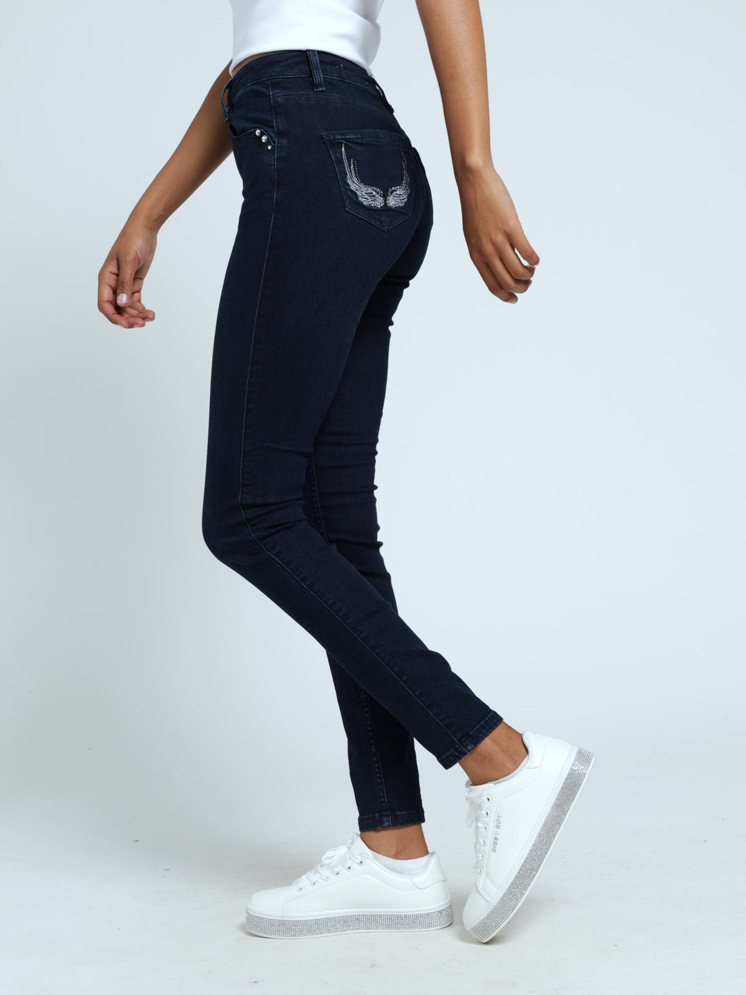 Mid Waist Skinny With A Curved Hem Jeans - Blue/Black