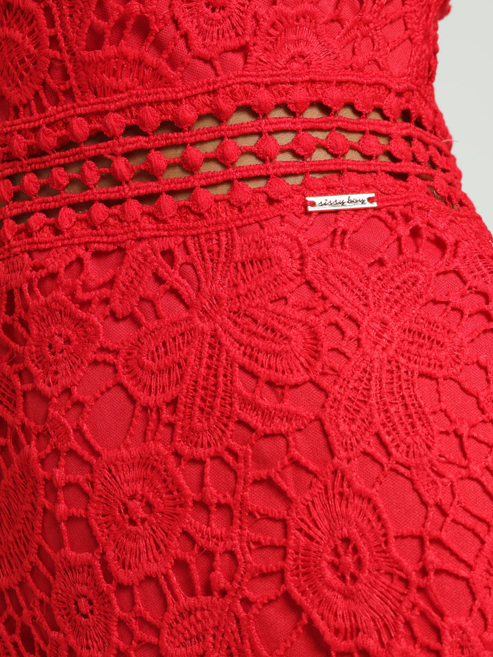 Jackie High Neck Crochet Dress - Red