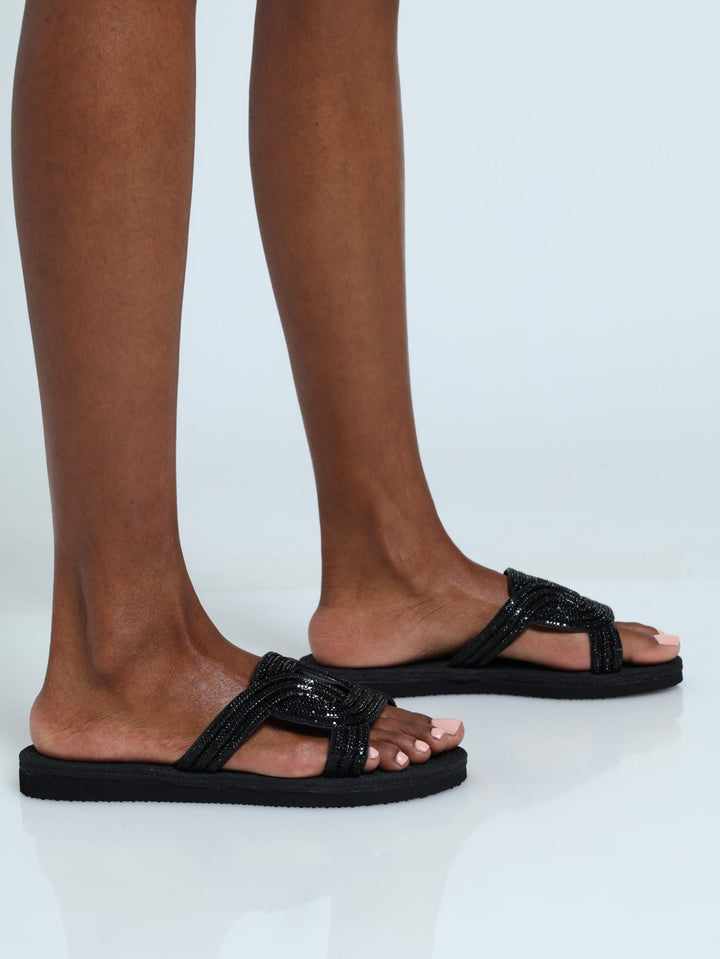 Diamante Sandal With Oval Trim - Black