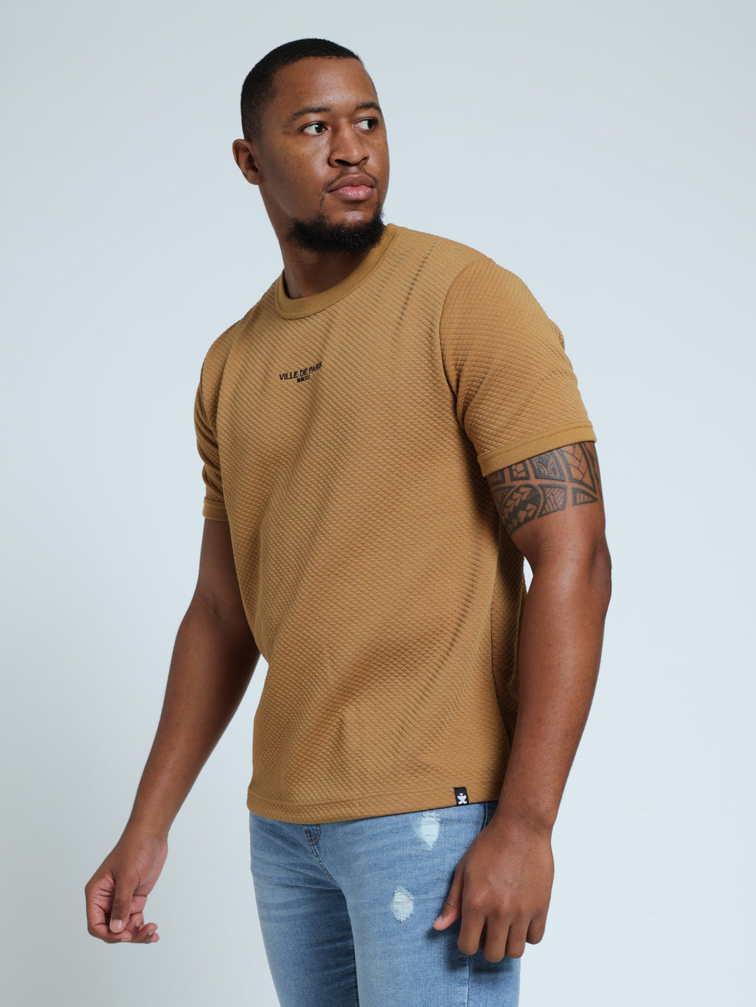 Diamond Quilt Embroidered Tee - Khaki