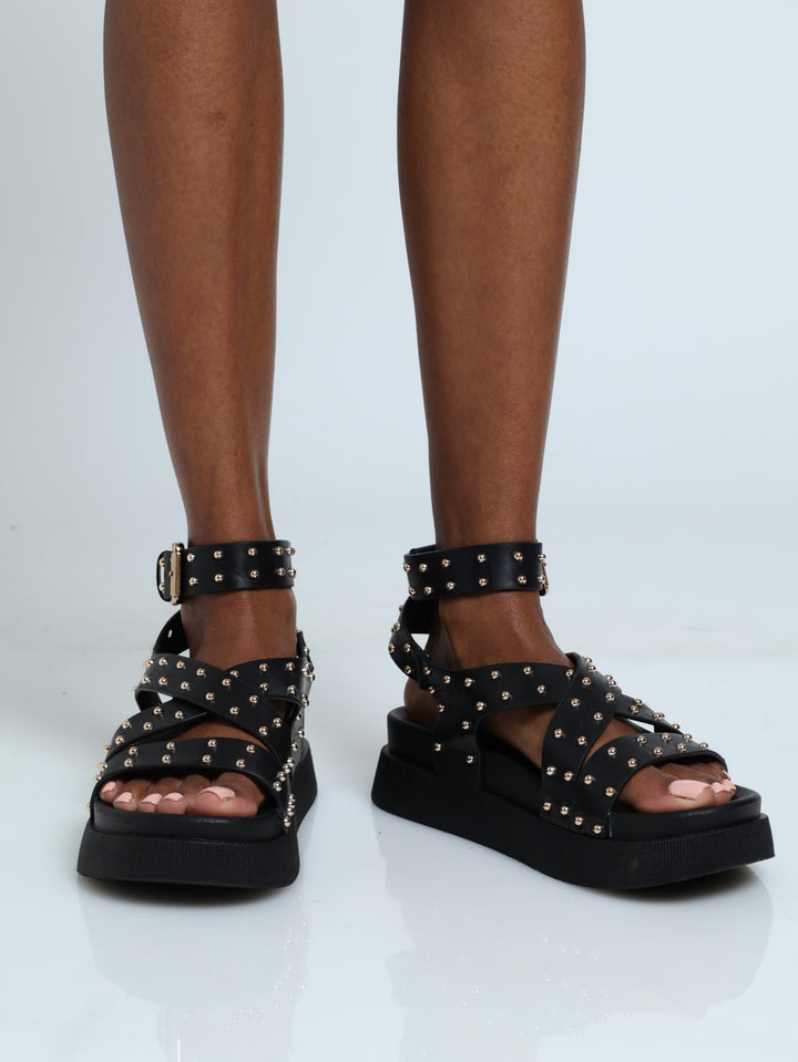 Crosstrap Studded Mule Sandal - Black