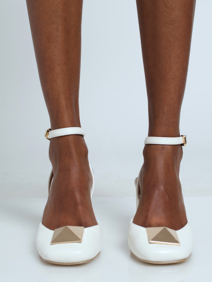 Ankle Strap Heel With Gold Trim - Cream