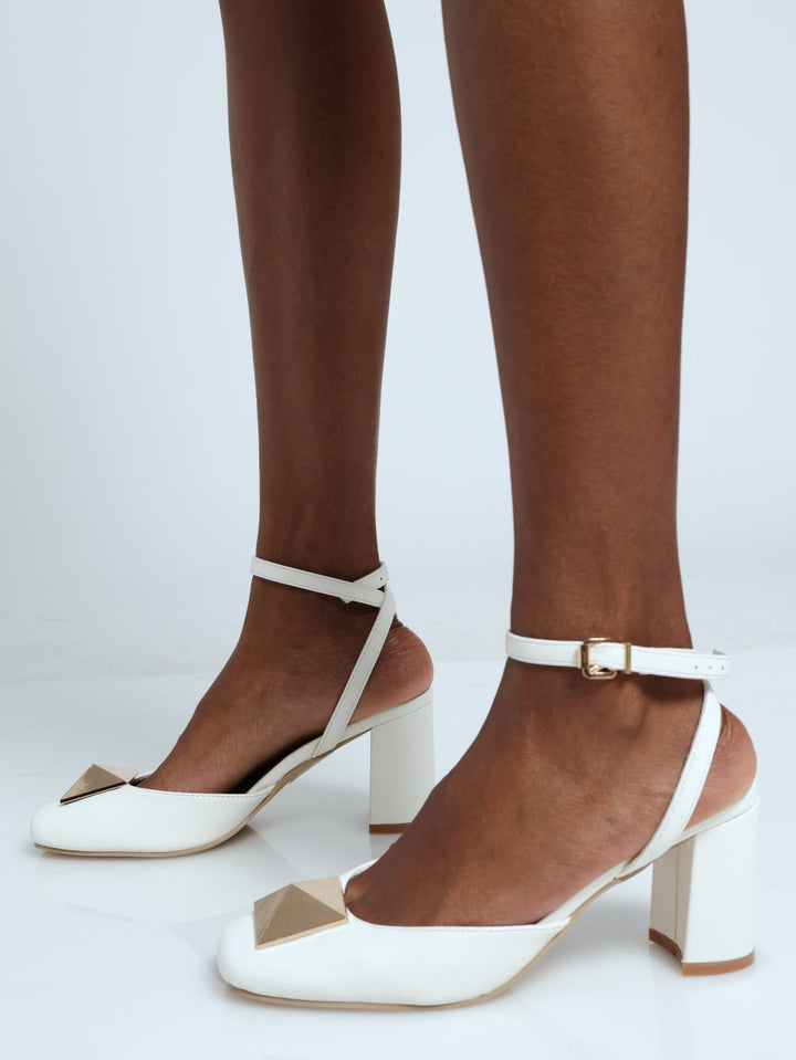 Ankle Strap Heel With Gold Trim - Cream