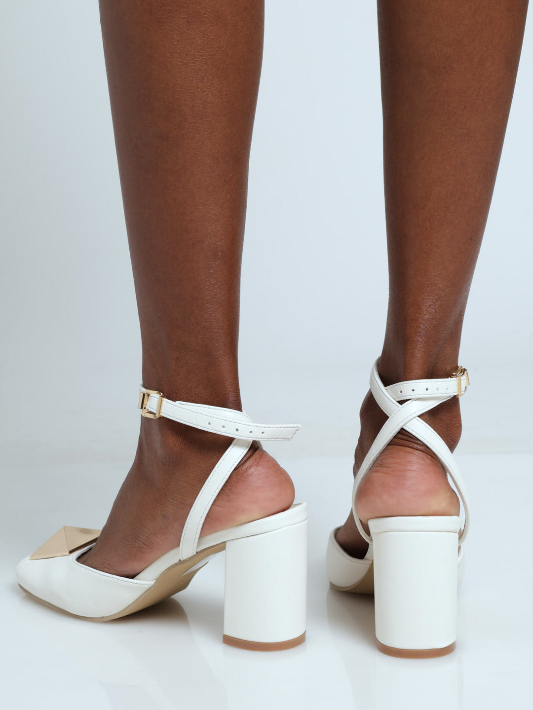 Ankle Strap Heel With Gold Trim - Cream