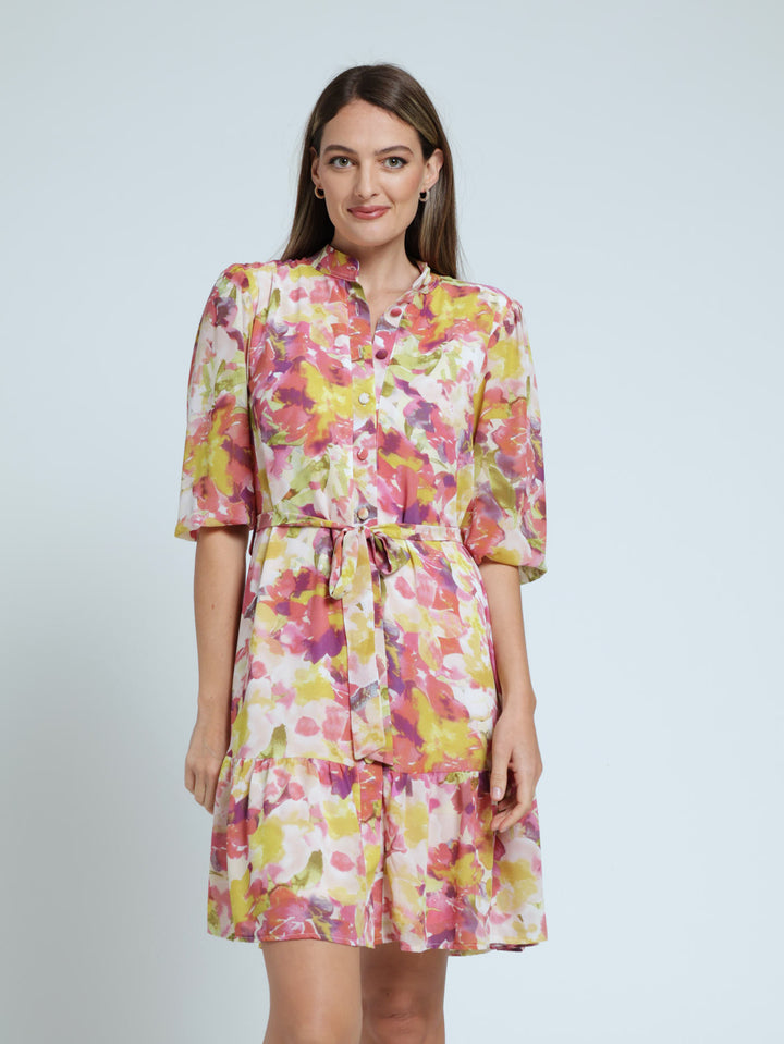 Button Through Tiered Hem Tea Dress