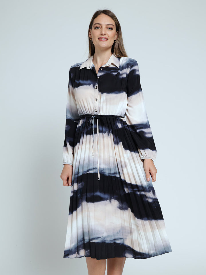 Pleated Midi Shirt Dress - Blue Tie Dye