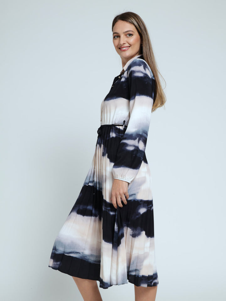 Pleated Midi Shirt Dress - Blue Tie Dye