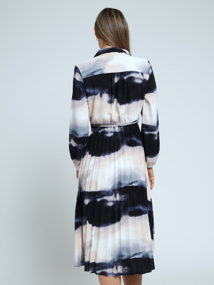 Pleated Midi Shirt Dress - Blue Tie Dye