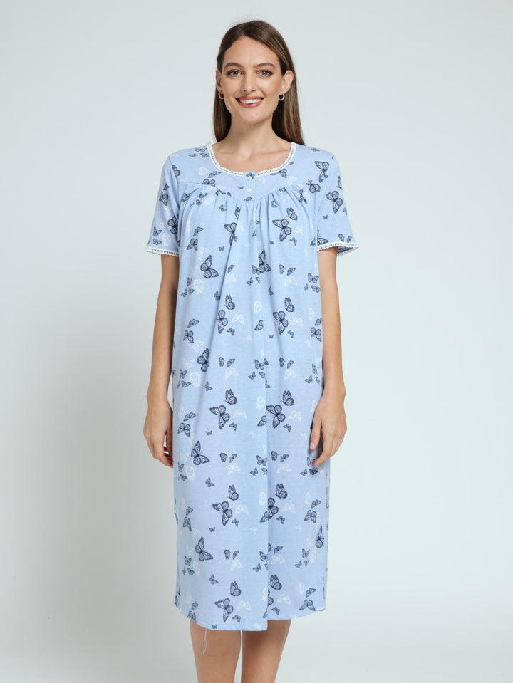 Butterfly Button Up Knit Sleepshirt - Blue