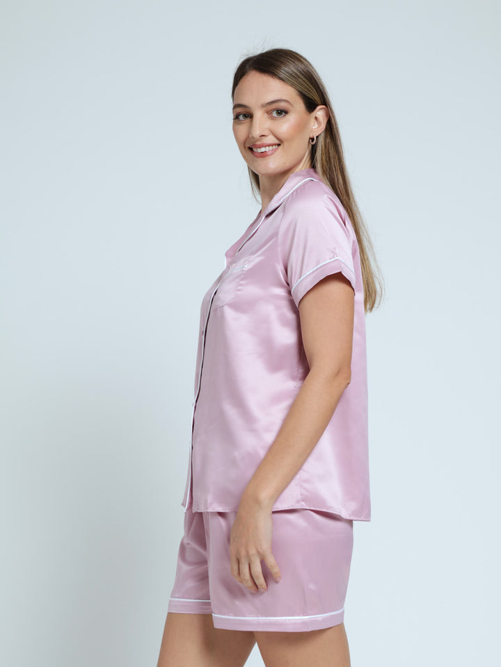 Button Through Satin Plain Short Sleep Set - Pink