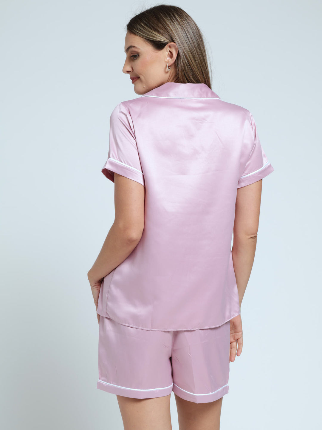 Button Through Satin Plain Short Sleep Set - Pink