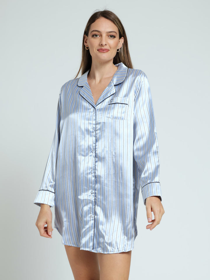 Satin Stripe Long Sleeve Button Through Sleepshirt - Blue