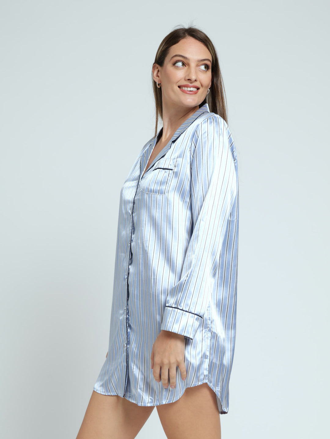 Satin Stripe Long Sleeve Button Through Sleepshirt - Blue