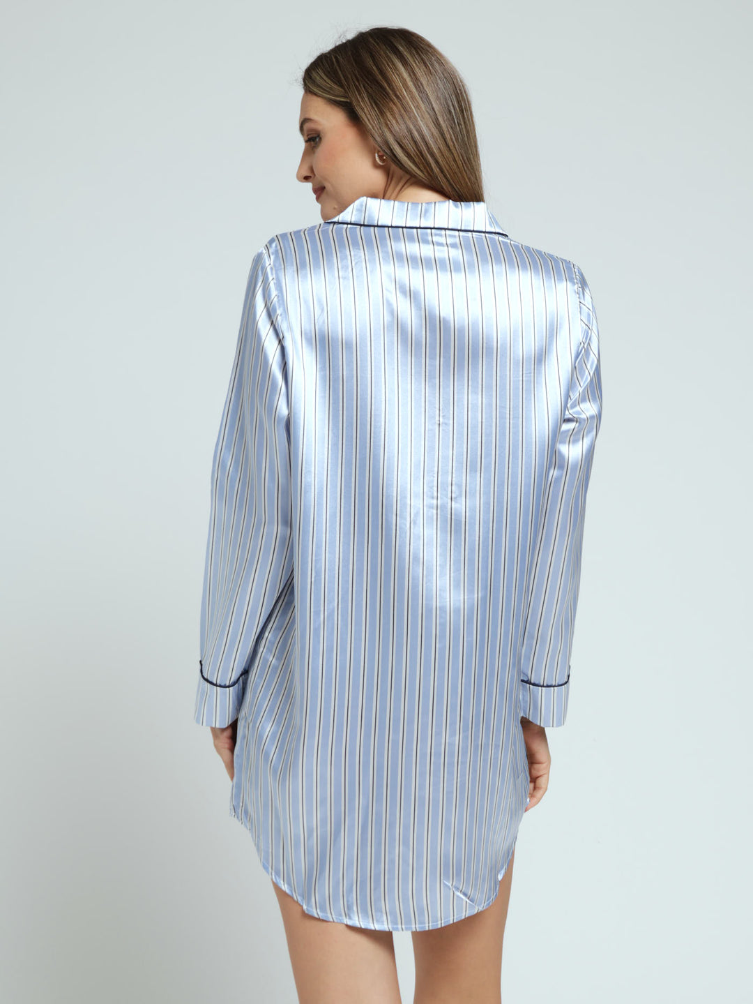 Satin Stripe Long Sleeve Button Through Sleepshirt - Blue