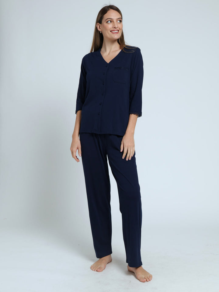 Three Quarter Sleeve Button Through & Pant Knit Sleep Set - Navy