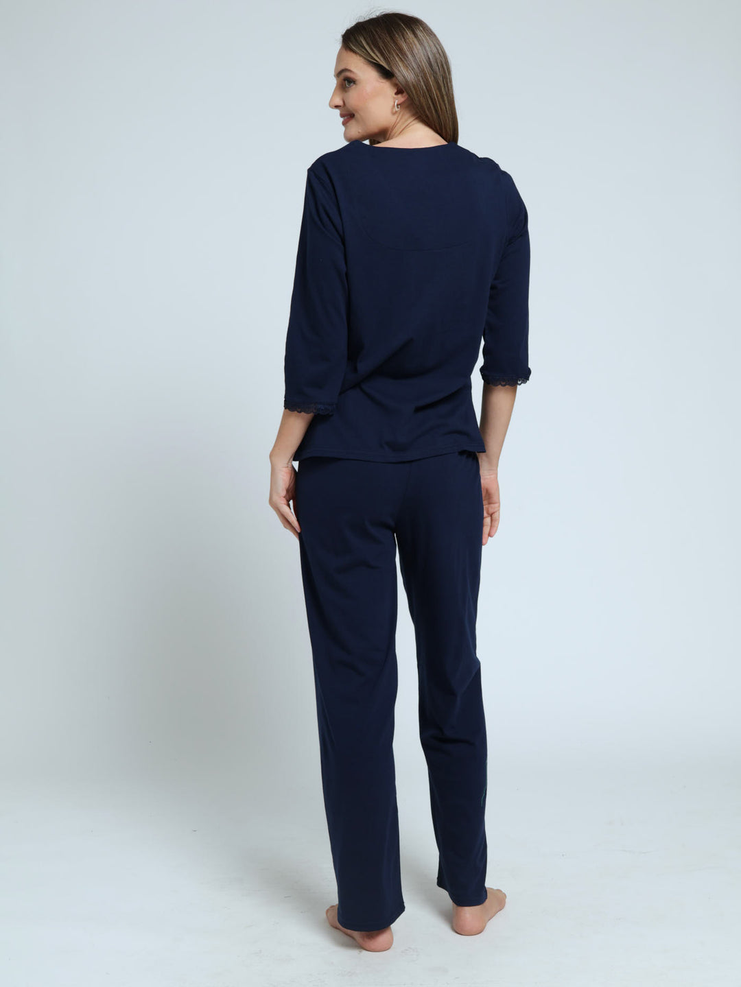 Three Quarter Sleeve Button Through & Pant Knit Sleep Set - Navy