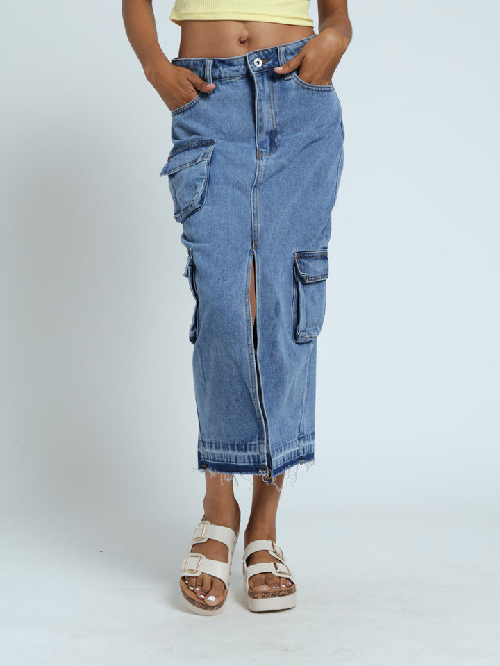 Denim Utility Midi Skirt - Mid Blue