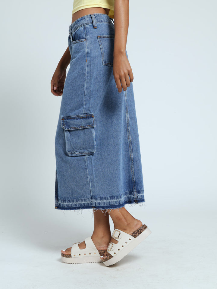 Denim Utility Midi Skirt - Mid Blue