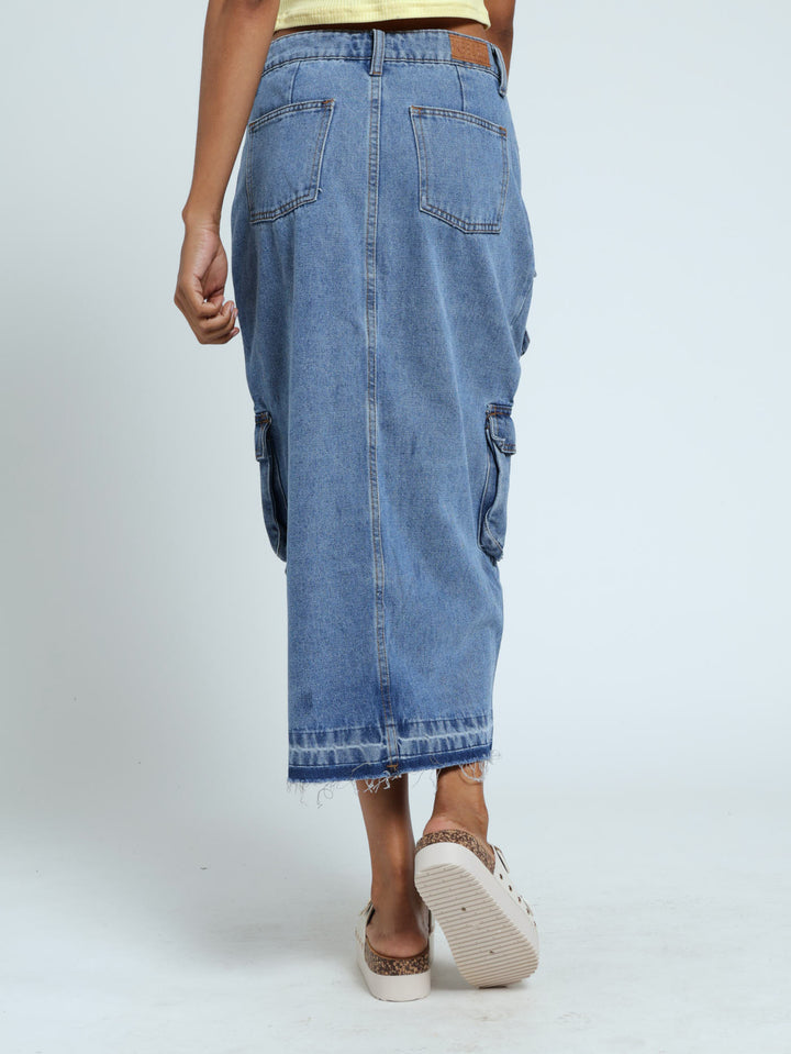 Denim Utility Midi Skirt - Mid Blue