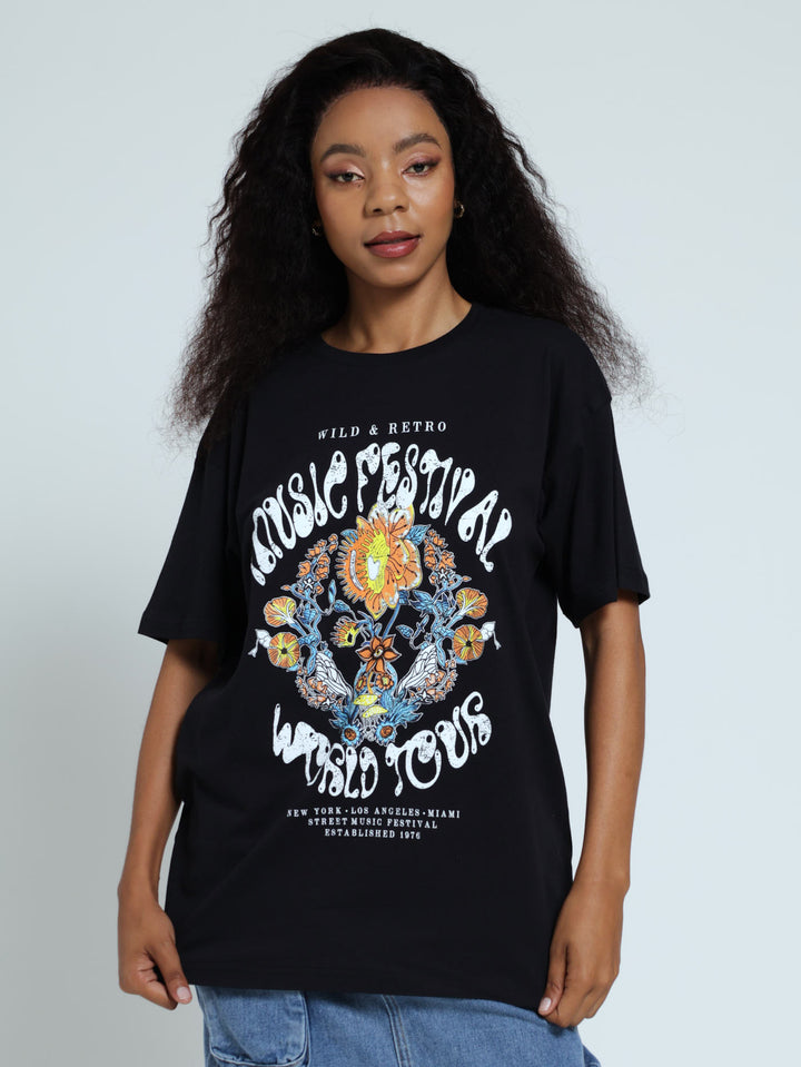 Over Sized Printed Tee - Black