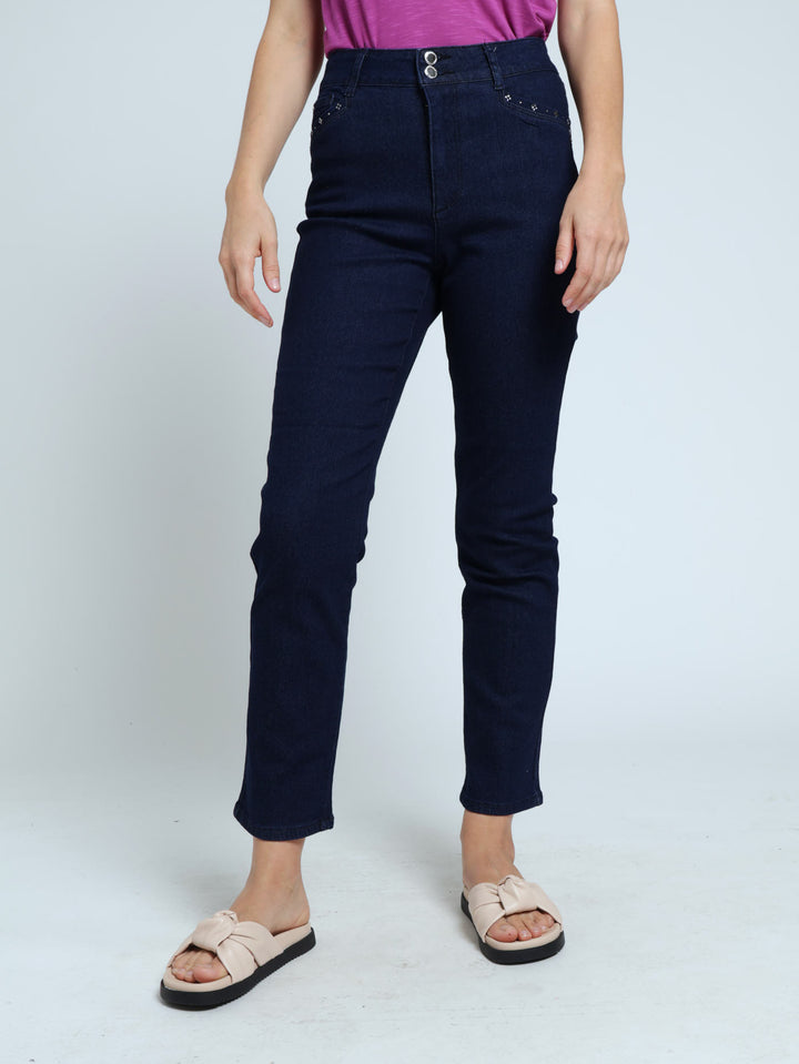 Stud Detail Straight Leg Jeans - Dark Wash Ink