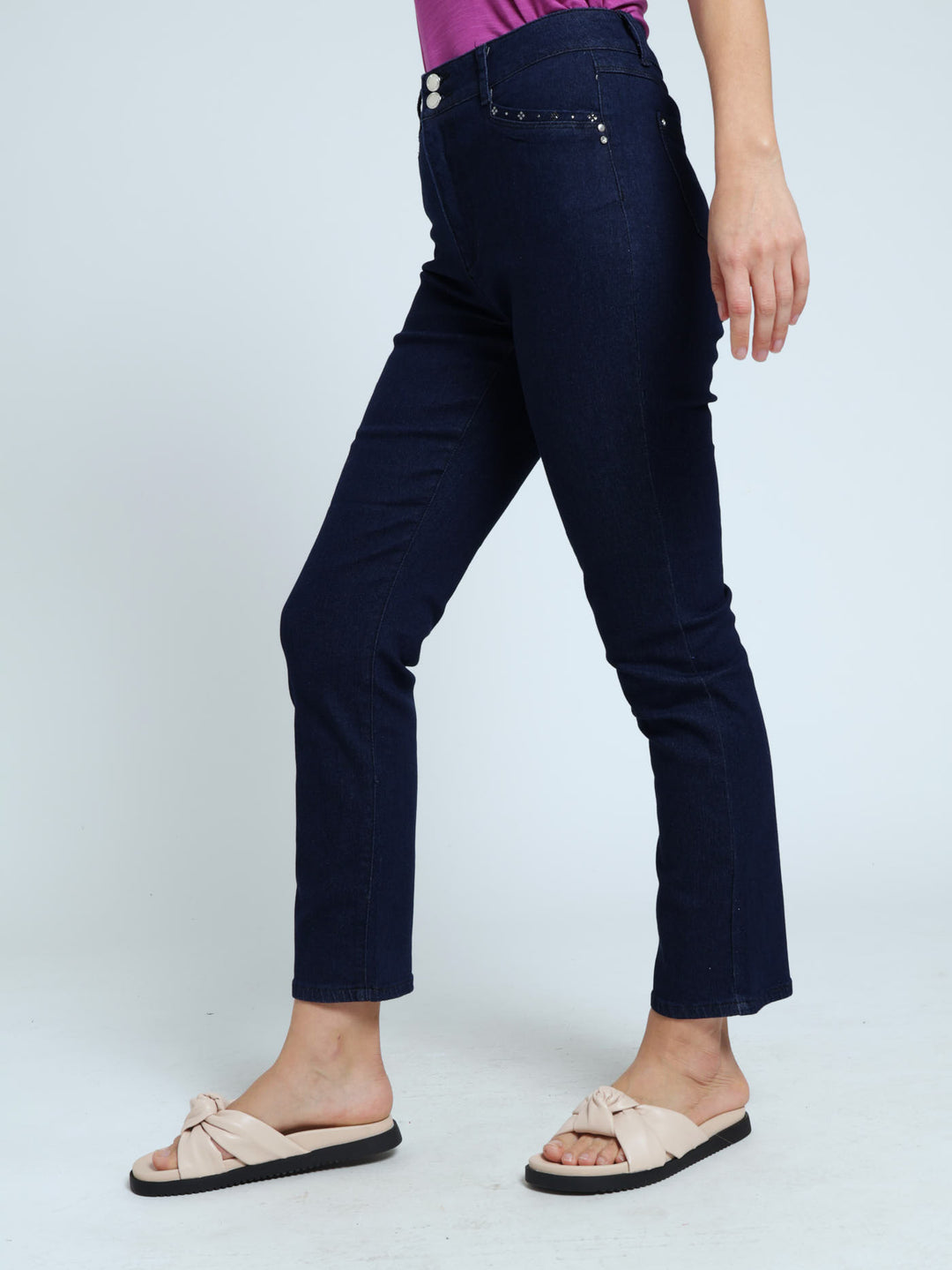 Stud Detail Straight Leg Jeans - Dark Wash Ink