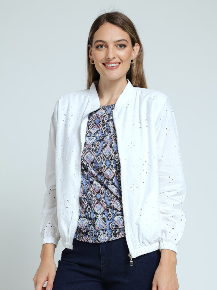 Long Sleeve Anglaise Bomber Jacket - White