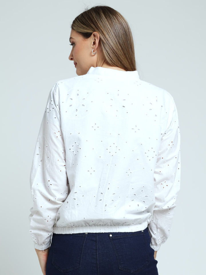 Long Sleeve Anglaise Bomber Jacket - White