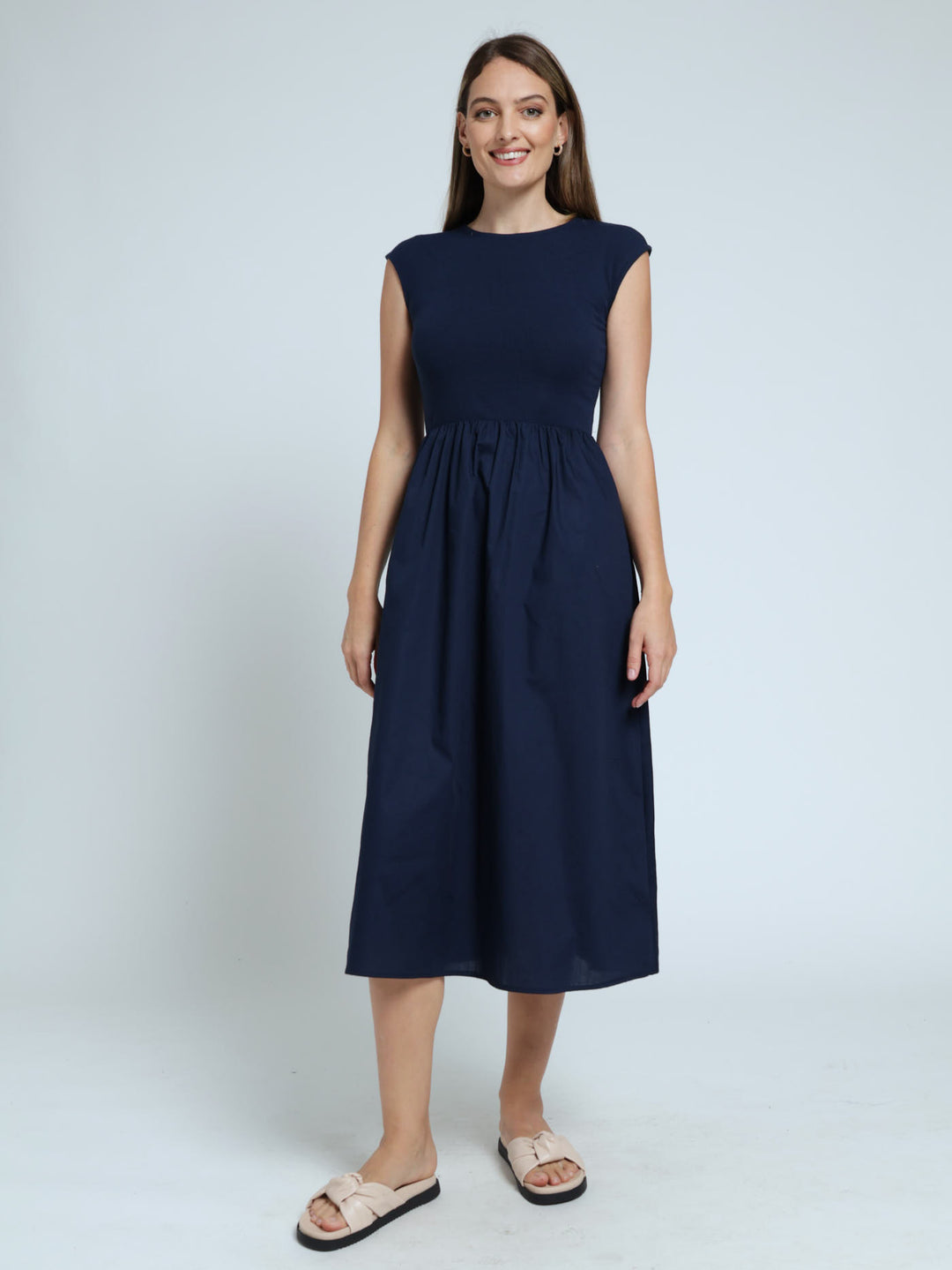 Sleeveless Hi Neck F&F Rib Bodice Combo Midi Dress - Navy