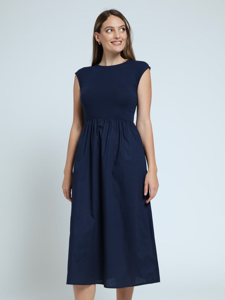 Sleeveless Hi Neck F&F Rib Bodice Combo Midi Dress - Navy