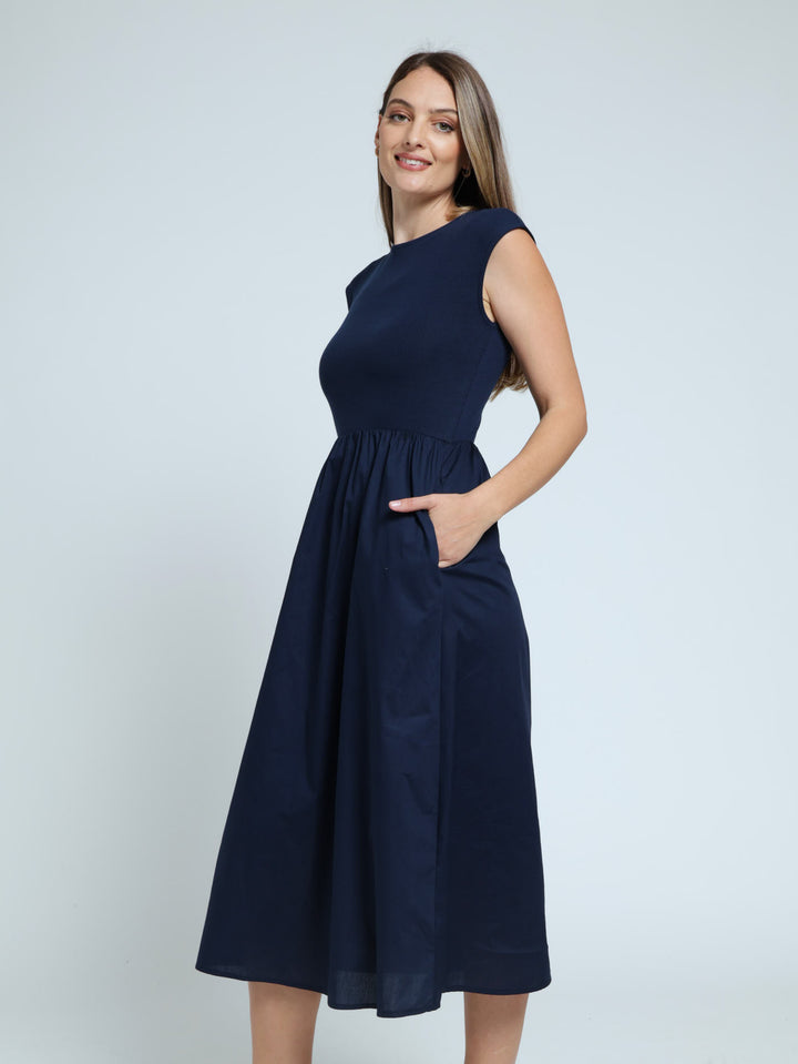 Sleeveless Hi Neck F&F Rib Bodice Combo Midi Dress - Navy