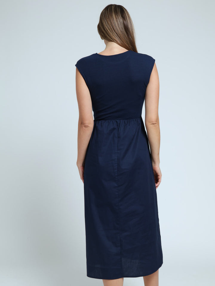 Sleeveless Hi Neck F&F Rib Bodice Combo Midi Dress - Navy