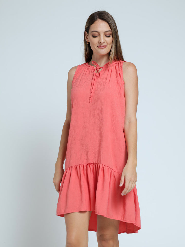 Sleeveless Frill Neck Drop Hem Dress - Salmon