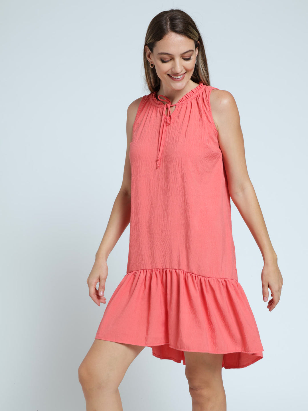 Sleeveless Frill Neck Drop Hem Dress - Salmon