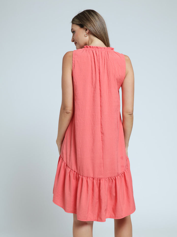 Sleeveless Frill Neck Drop Hem Dress - Salmon