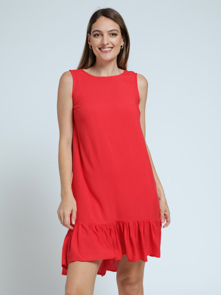 Sleeveless Frill Hem Hi-Lo Shift Dress - Red