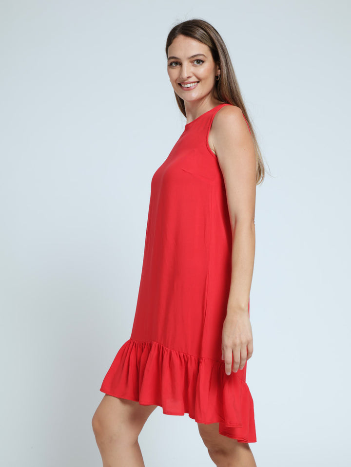 Sleeveless Frill Hem Hi-Lo Shift Dress - Red