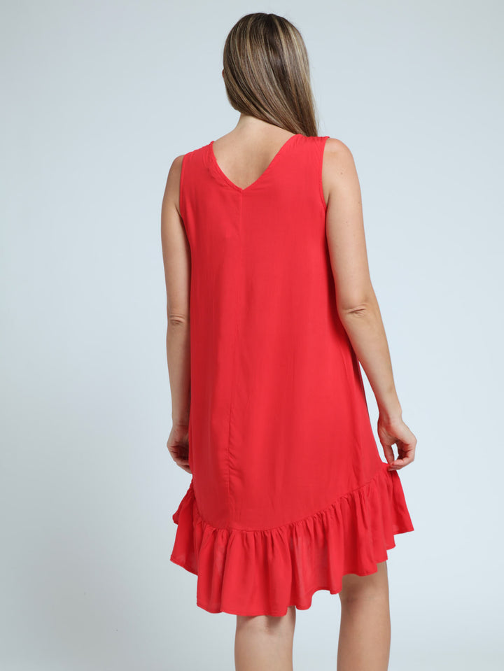 Sleeveless Frill Hem Hi-Lo Shift Dress - Red