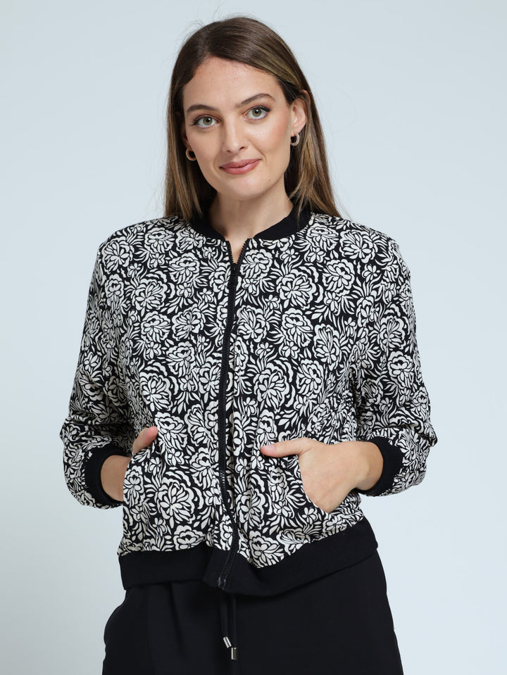 Long Sleeve Printed Bomber Jacket - Black/Beige