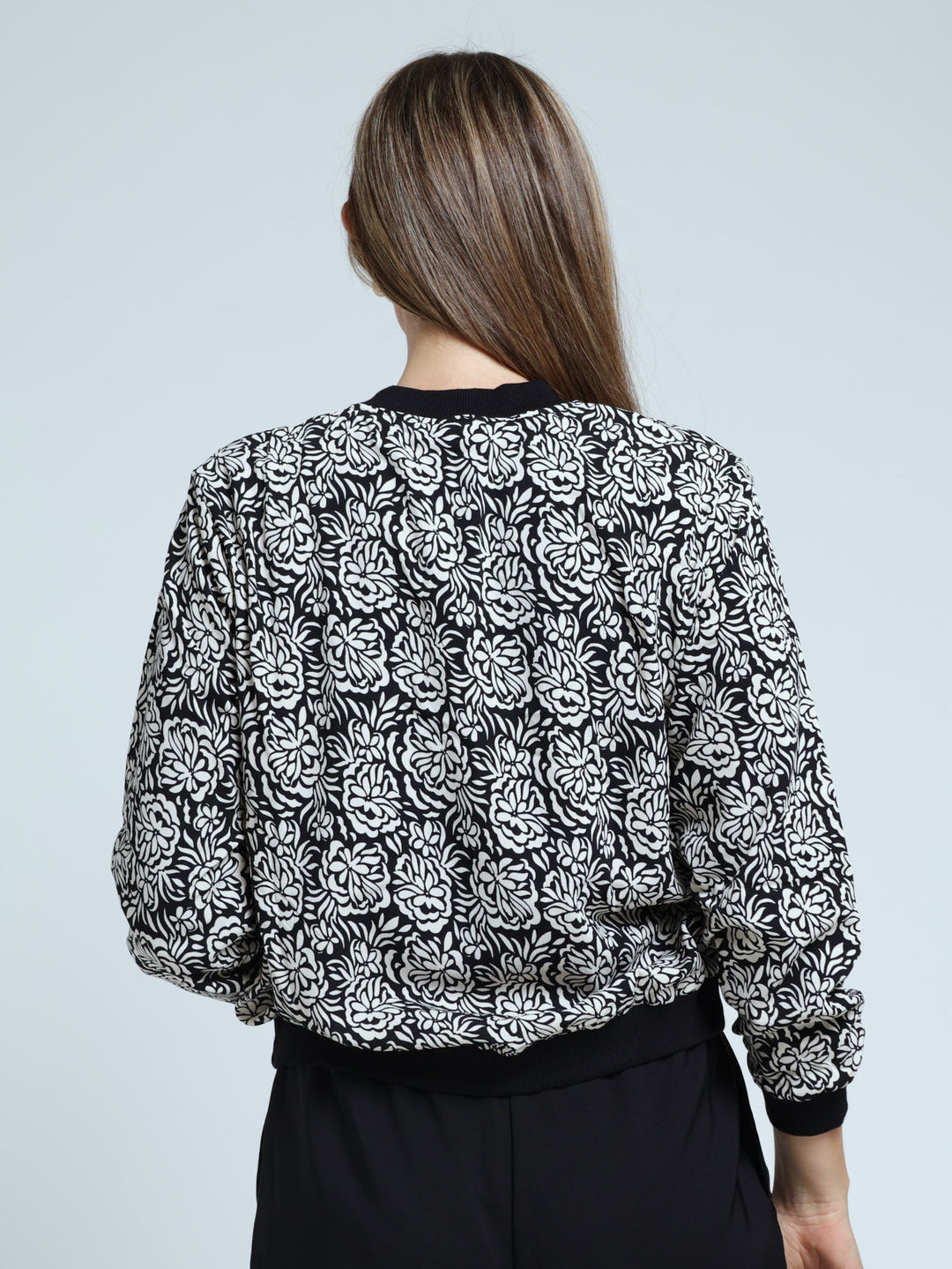 Long Sleeve Printed Bomber Jacket - Black/Beige