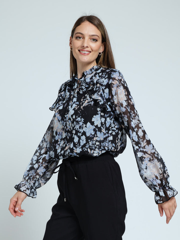 Peasant Tie Up Frill Blouse - Black