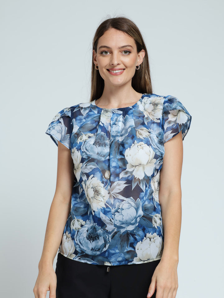 Pleat Neck Blouse - Blue