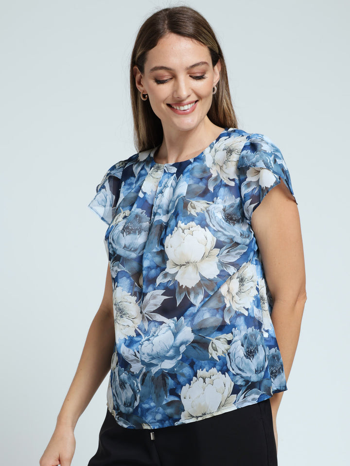 Pleat Neck Blouse - Blue