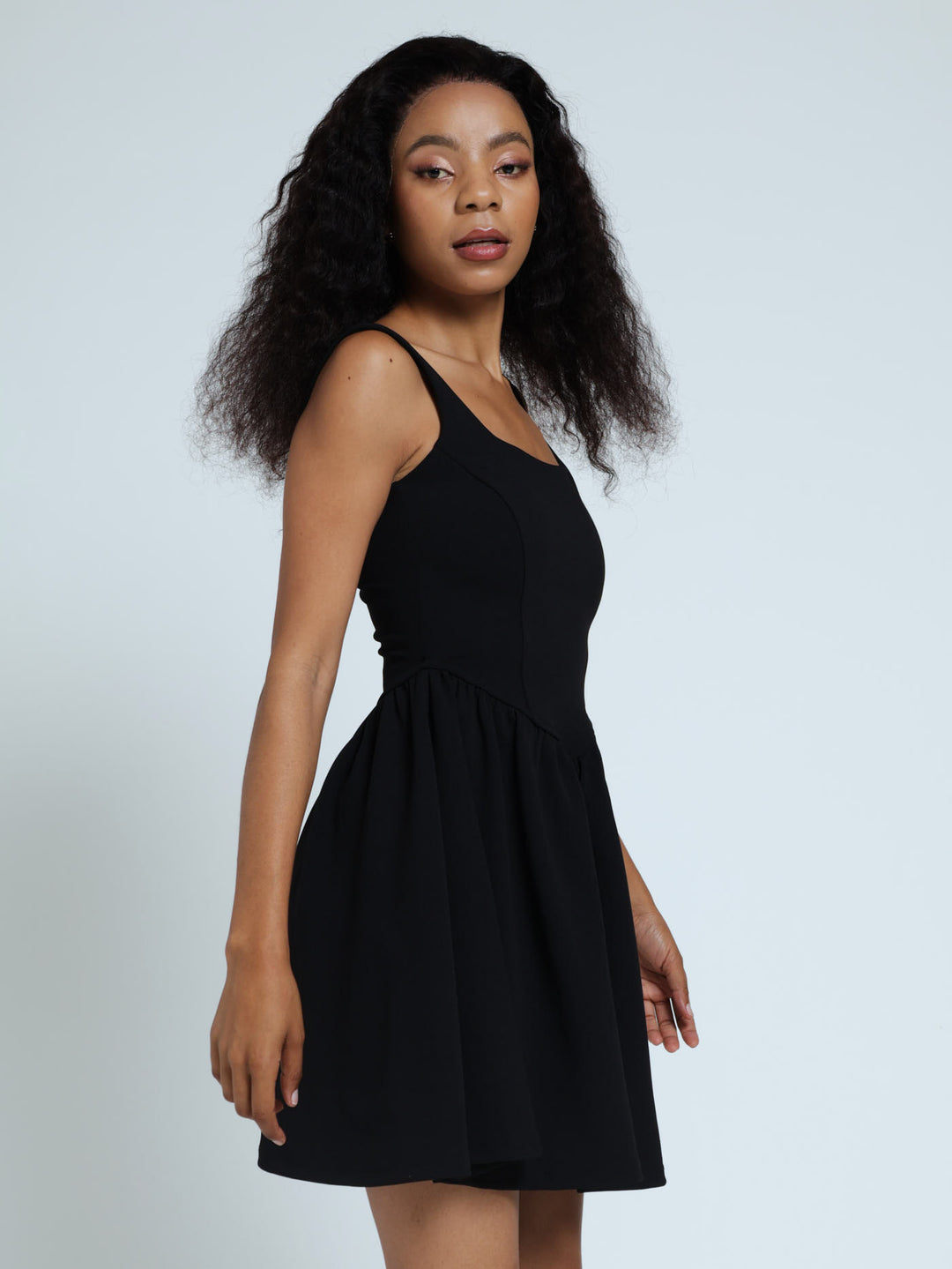 Square Neck V-Line Skater Dress - Black