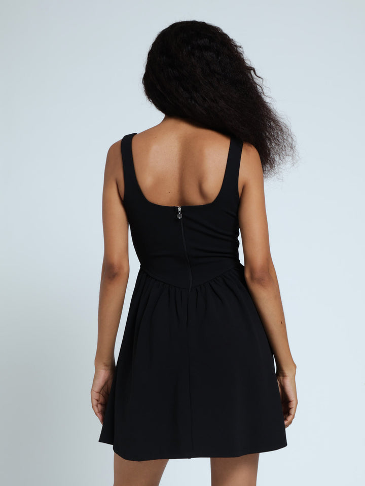 Square Neck V-Line Skater Dress - Black