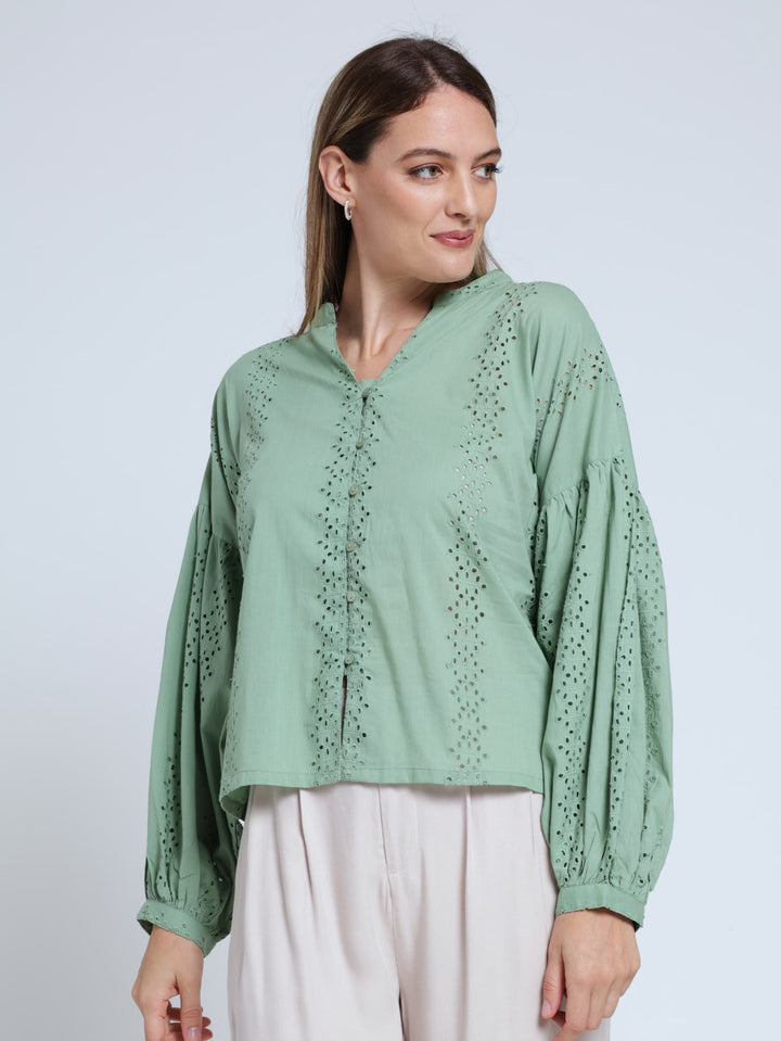 Long Sleeve Manadrin Button Through Anglaise Boho Blouse - Sage